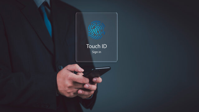 Smart technology security system man using phone fingerprint sensor scanning unlocking screen cyber safety authentication network interface modern innovation code. - Powered by Adobe