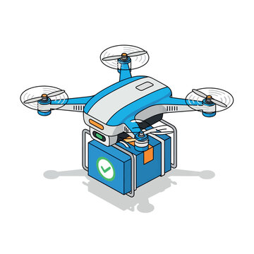 Isometric illustration of a drone carrying a package with a checkmark, ready for delivery.