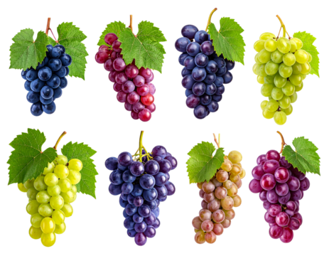 - Variety Pack of Fresh Grape Bunches with Different Shapes and Sizes, Isolated on Transparent Background 