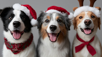 Lively Christmas composition featuring five adorable dogs in holiday accessories, including red Santa hats and festive ribbons, highlighting playful personalities, soft fur textures, and seasonal char