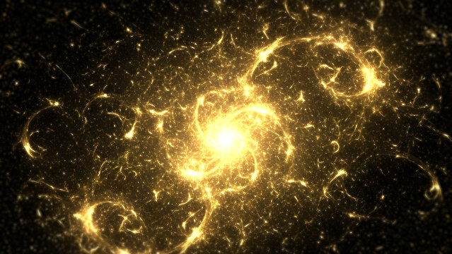 黄金に輝く光の粒子とラグジュアリーな抽象背景 キラキラと煌めくゴールドのパーティクルと美しいボケ効果 宇宙やイルミネーションを連想させる幻想的な光の帯と塵