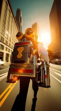 futuristic steampunk adventurer soaring above a city street with a jetpack