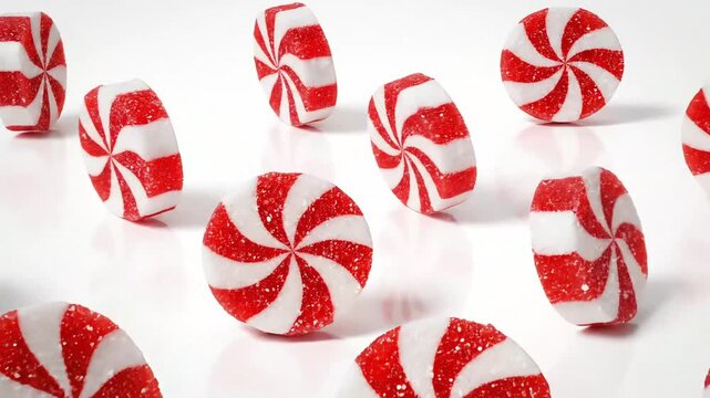 Rotating Red and White Striped Peppermint Candies on a White Background.