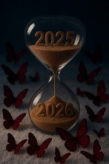 A glass hourglass sits in a snowy scene, marking the transition from 2025 to 2026. Red butterflies flutter around, conveying change, renewal, and the passage of time in a wintry setting.