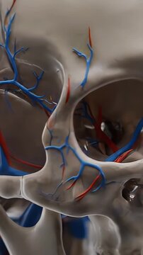 Detailed 3D medical animation showing the intricate network of arteries and veins within the human facial skeleton, focusing on the skull