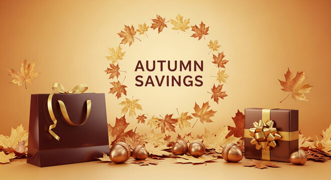 Scene with gift, bag and maple leaf circle, representing seasonal promotion. Brown, gold color palette, suggesting autumn savings, discounts offer