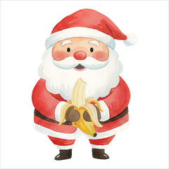 Santa Claus peeling a banana for Christmas, watercolor illustration isolated on white background
