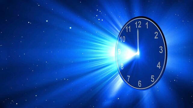 Crisp vector illustration of a wall clock with clear numbers and hands set against a solid blue background.