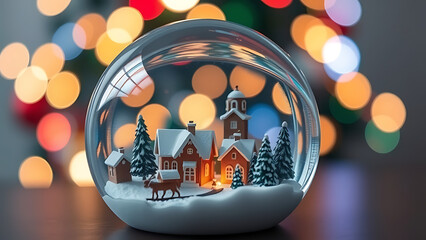 Snow globe with winter village scene and falling snow on dark background