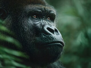 Obraz premium Powerful, realistic photograph of a majestic silverback gorilla sitting thoughtfully in a lush green forest clearing, conveying a quiet strength.