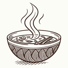 Hand drawn sketch of a steaming bowl of hot soup or stew isolated on