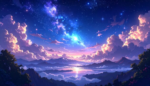 A vibrant digital illustration of a starry night sky above a landscape with mountains, fluffy clouds, and a calm lake at dusk