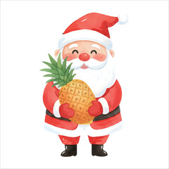 Santa Claus holding a pineapple for Christmas, watercolor illustration isolated on white background
