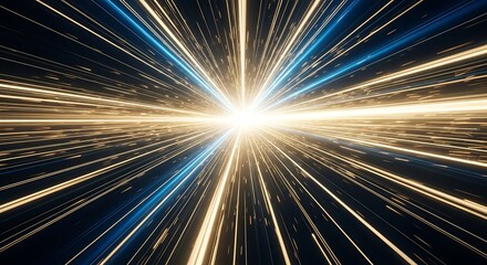 Abstract speed motion light trails in blue and gold colors create a sense of speed and technology