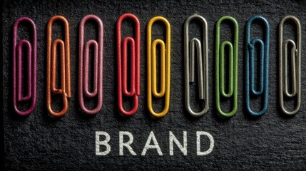 Colorful paper clips arranged on dark surface with the word brand written below, creating a visual representation of brand identity and office supplies