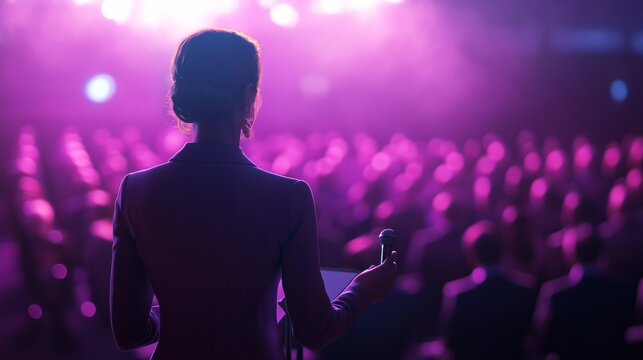 Empowered female keynote speaker at corporate event - Powered by Adobe
