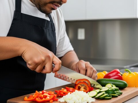 A man wearing a black apron is focused on chopping red bell peppers, zucchini, and onions on a wooden cutting board in a brightly lit, modern kitchen.