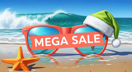 Cartoon illustration of sunglasses on a beach with a Santa hat, starfish, and "Mega Sale" banner. Represents a festive summer sale promotion