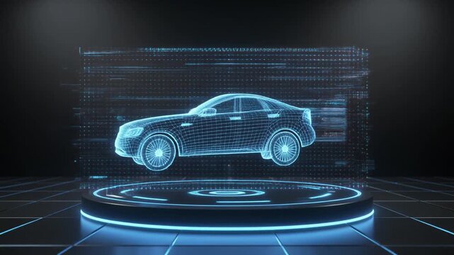 Futuristic Holographic Car Rotating on a Neon Podium.