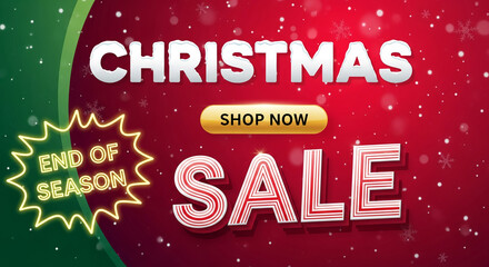 Festive Christmas sale graphic on red backdrop with falling snow and neon text. Represents holiday shopping and promotional opportunities