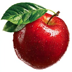 Fresh Red Apple With Vibrant Green Leaves