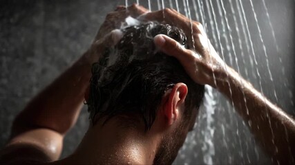 Male figure washing hair in shower, water cascading down, showcasing detailed textures and gradual action, camera zooms in on grooming process