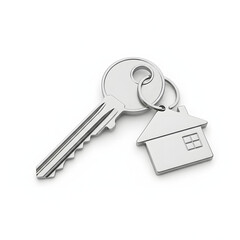 A silver key with a house-shaped keychain isolated in white background. Finance Concept