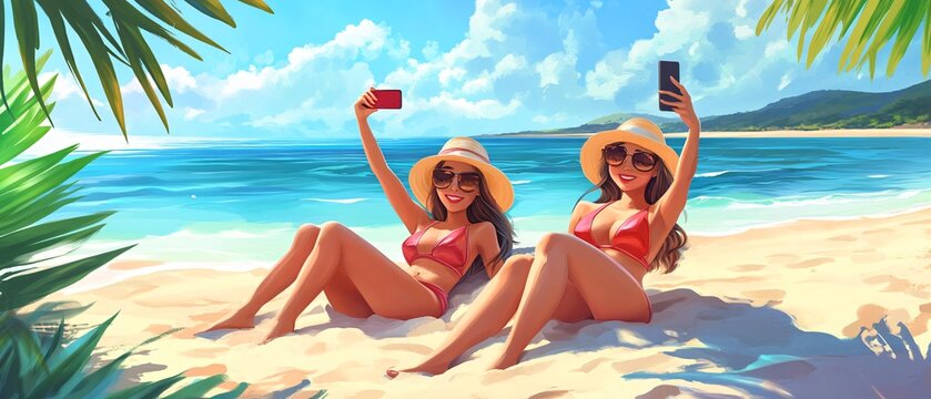Girls Enjoying Sunbathing by the Sea - Powered by Adobe