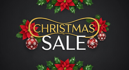 Festive Christmas sale image featuring poinsettia, bauble, and holly, with "Christmas Sale" text, conveying holiday discounts and seasonal shopping offers
