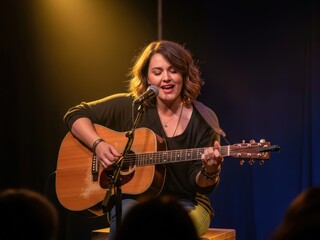 A female musician performs live on stage, singing into a microphone while playing an acoustic guitar under warm spotlighting.