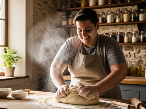 A smiling baker kneads dough in a rustic kitchen, surrounded by flour dust floating in the air, backlit by a window. Shelves full of ingredients line the background. - Powered by Adobe