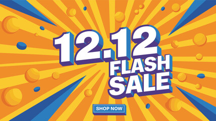 12.12 flash sale banner vector illustration, comic style sunburst background with 3D text design for end of year shopping promotion event