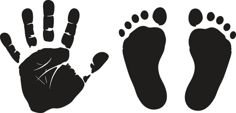 Black grunge handprint and baby footprints silhouette vector illustration, isolated human palm and feet ink stamp design on white background