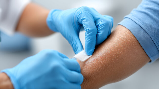 a realistic photo of a doctor applying with cotton Povidone-iodine in a patient's arm. The doctor is using gloves. the doctor is grabbing the cotton. the photo is a close-up, that - Powered by Adobe