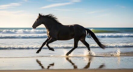 Majestic dark horse gallops along the ocean shoreline at sunset