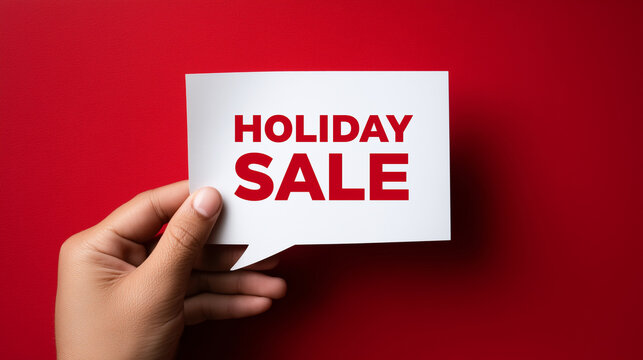 red background, hand holding white paper speech bubble with bold text "HOLIDAY SALE", minimal festive marketing visual, flat lay design