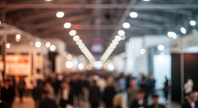 Blurred ambiance of a bustling convention center with vibrant lighting display