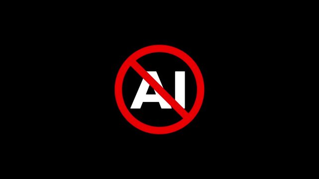 Animated red prohibition sign with white AI text on black background symbol stop