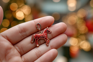 Obraz premium close-up hand holding small red horse charm representing Year of the Red Horse, warm festive background bokeh, 