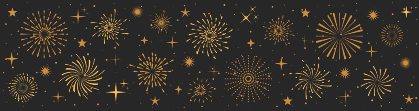 Gold fireworks vector border with Christmas sparkles on dark background. Christmas fireworks create a festive atmosphere ideal for elegant greeting cards, banners, and holiday celebration layouts.