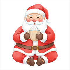 Santa Claus drinking hot chocolate for Christmas, watercolor illustration isolated on white background
