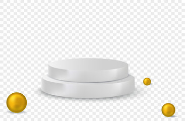 Empty stage. White podium with spherical balls.