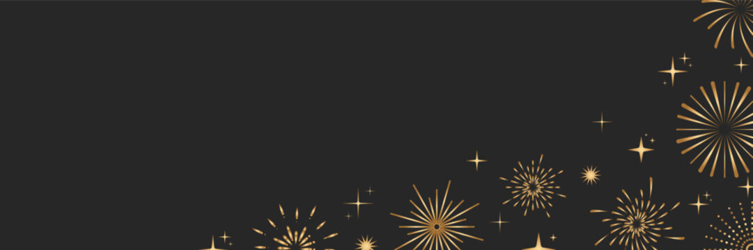 Vector design featuring golden fireworks arranged in a corner border on a dark background. The fireworks pattern creates a festive fireworks atmosphere suited for celebration layouts and invitations