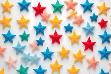 Fototapeta premium Colorful Paper Stars Arrangement on White Background - Festive Decoration
