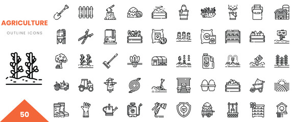 A collection of outline icons representing agriculture, including tools, plants, and equipment.