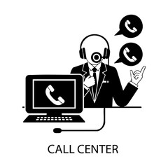 Call center and support team silhouettes. Customer service agent with headset on laptop, Customer support, Communication and feedback symbols