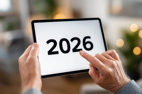 close-up person organizing digital files on tablet labeled "2026", cozy home lighting, 
