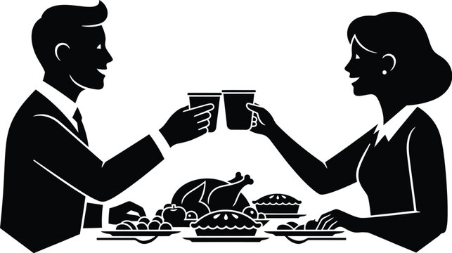 Cheerful couple toasting drinks over Thanksgiving dinner, perfect for holiday invitations and family celebrations - Powered by Adobe