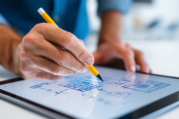 software engineer sketching system architecture diagram on digital tablet, hands in frame, modern workspace, close-up, 