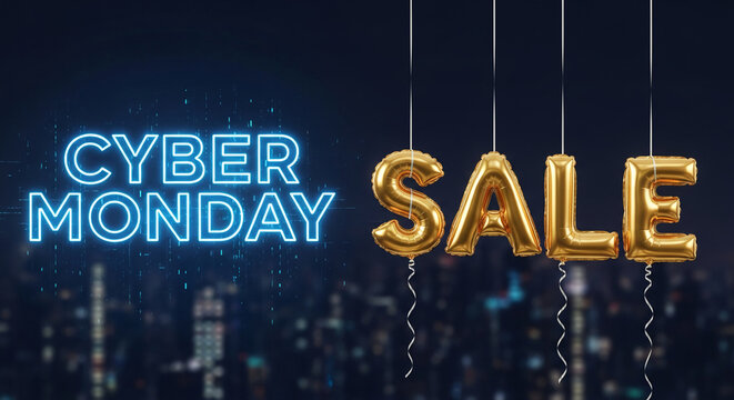 Image displays "Cyber Monday" in blue neon and "Sale" in gold balloons against city backdrop, representing holiday shopping, promotion, and discounts